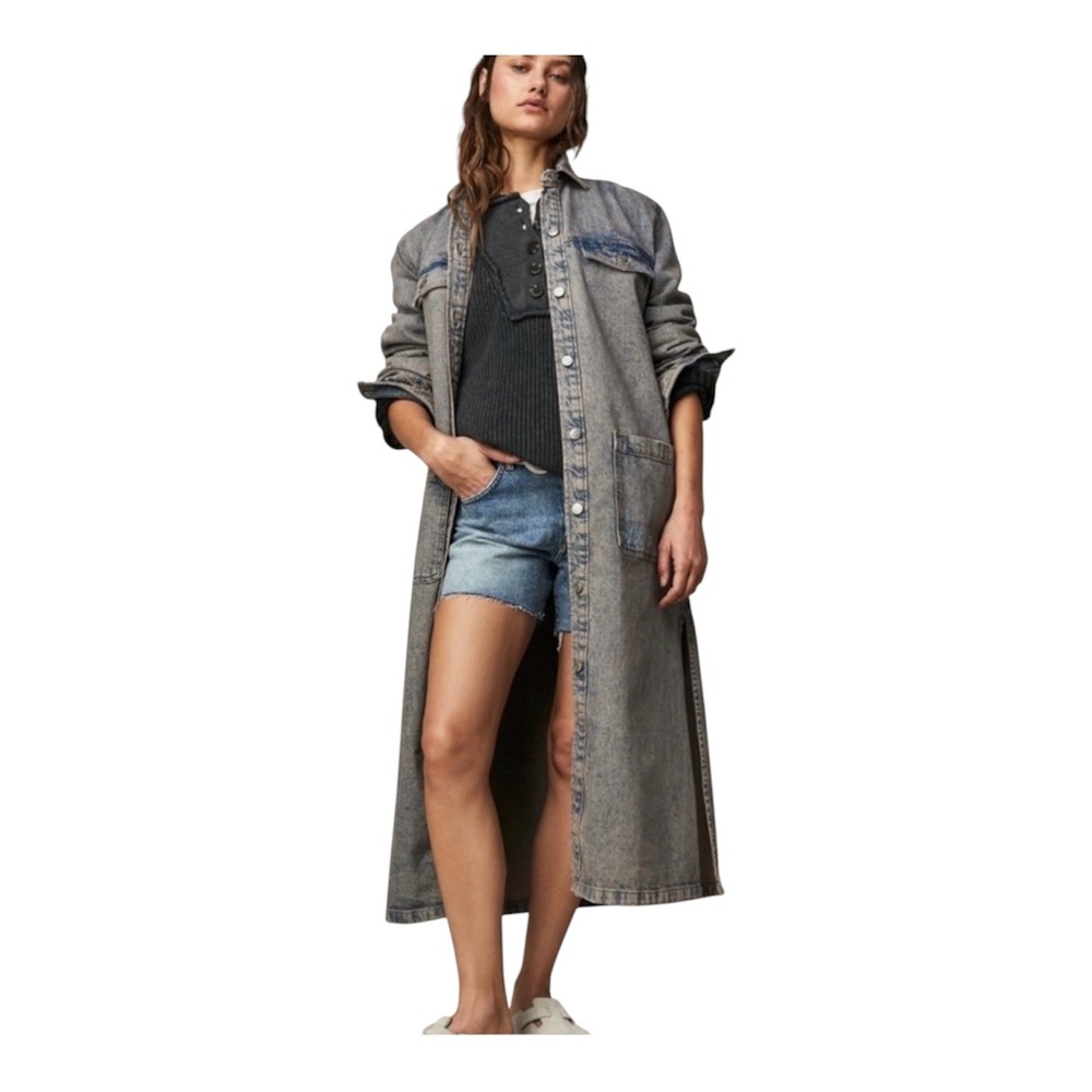Free People Small Anna Lou Denim Duster Distressed Blue Gray Linen Blend